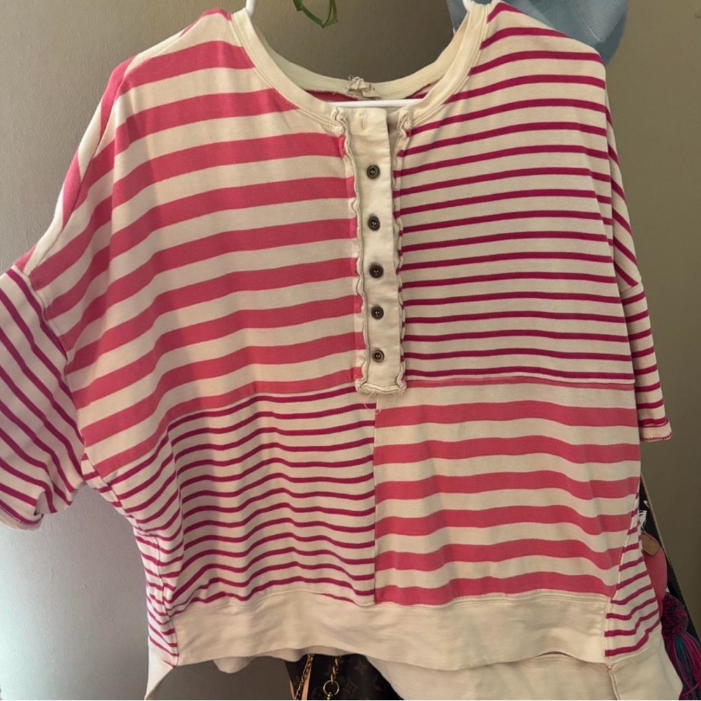 Peach Love California Pink & White Striped Button-Front Sweatshirt